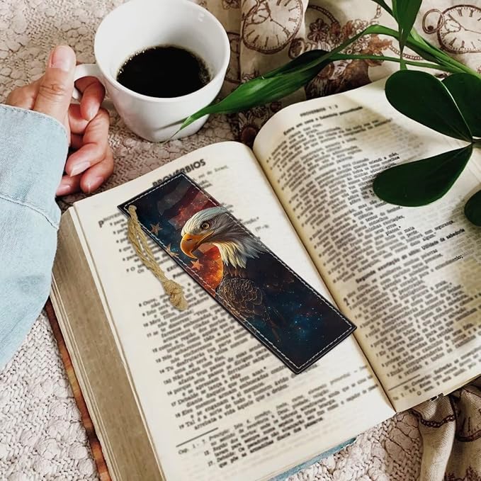 Leather 2 Pieces Bookmark for Men Women Book Lovers Ideal for Birthday Present, Eagle with Flag Leather Bookmarks for Women Teacher