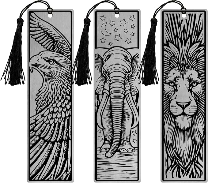 Stainless Steel Bookmarks – Set of 3 Featuring Lion, Eagle and Elephant, 150x40mm, Laser-Engraved, Durable Metal, Perfect for Book Lovers & Unique Gift Ideas. Majestic Animals Series