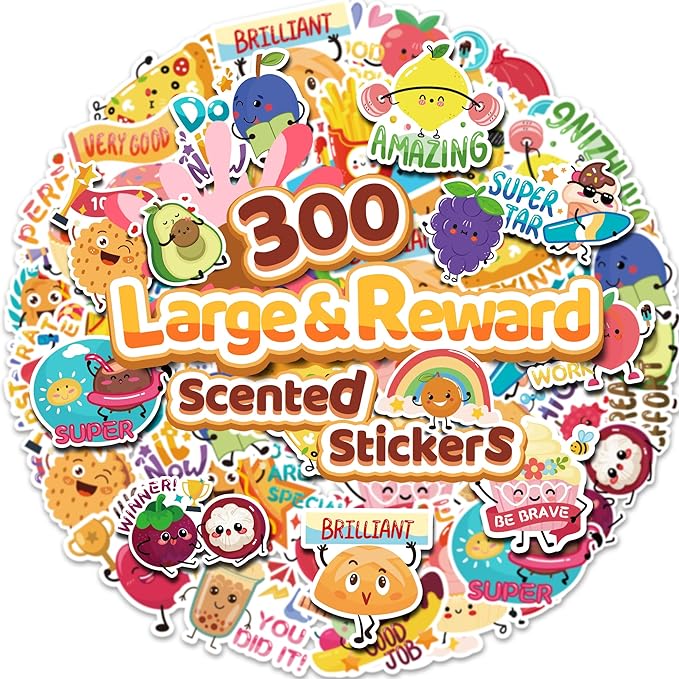 300PCS Large Scratch and Sniff Scented Stickers for Kids, Incentive Smelly Summer Sticker, Motivational for Kids Christmas Gift, Bigger Reward Stickers for Student Classroom Must Haves School Supplies