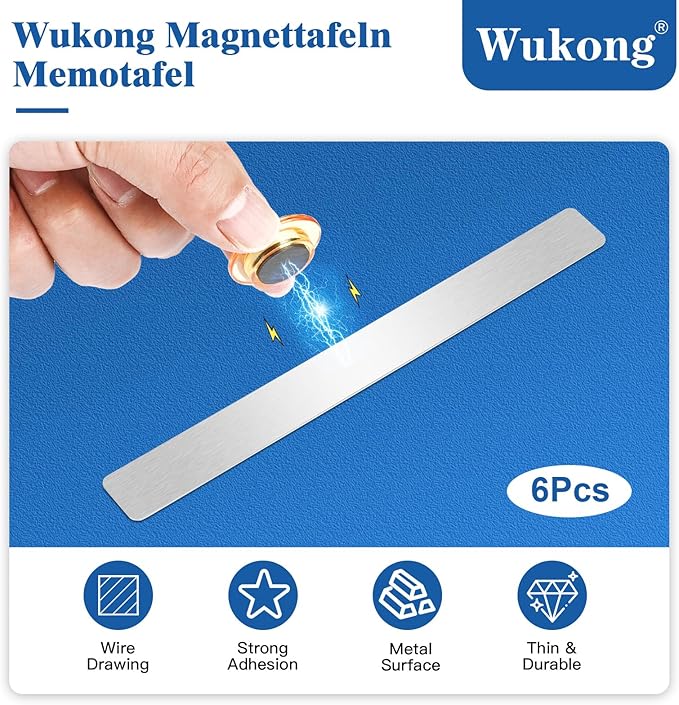 Wukong 6 Pack | 30x3cm(11.81 x 1.18) Magnetic Stainless Silver Boards Strips, Adhesive Backing Bulletin Bar Board, Memo Board with 16Pcs Colorful Magnets for Office, Home, Photo Wall, Documents