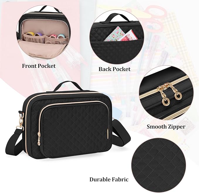 Teamoy Journal Supplies Storage Case, Journal Supplies Holder with Detachable Pen Slots, Travel Organizer Holder for B5 Notebooks, Planner, Pens, Journal Supplies and Accessories, Black Quilted