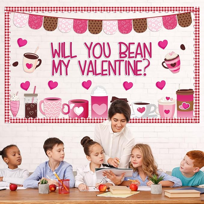 Naozinebi Valentine's Day Bulletin Board Classroom Decorations Coffee Theme Cutouts Valentines Coffee Cup Heart Cutouts Valentines Party Supplies for Classroom School Home Nursery Wall Door Decor