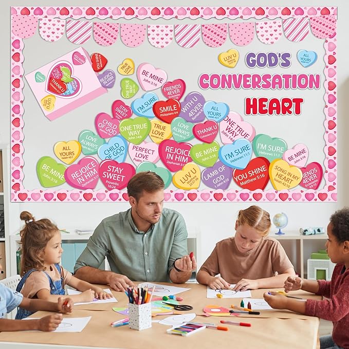 gisgfim Valentine's Day Conversation Heart Bulletin Board Set Decorations Christian Sweetheart Classroom Decor Jesus Religious Cutouts for School Home Chalkboard Valentines Party Supply(God's Heart)