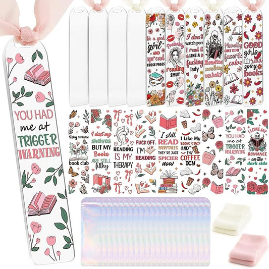 Dazoratix Dark Romance Acrylic Bookmarks - 45 Pcs Funny Acrylic Bookmark Blanks Double-Sided Clear UV DTF Transfer Stickers Bookmark Making Kit Yellow Pink Ribbon for Book Lovers Women DIY Crafts Gift