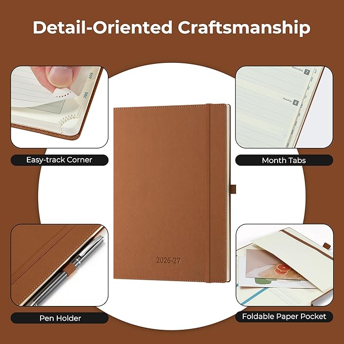 Weekly Monthly 2026-2027 Planner (July 26-Dec 27),11.5"x8.5",18 Months Agenda Plan with Month Tabs & Pocket,Expenses/Note Pages, Academic Calendar with Vegan Leather Cover,Brown