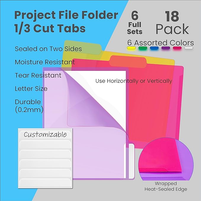 Better Office Products Poly Project Document Pockets, 18 Pack, 1/3 Cut Tabs, Plastic File Jacket Sleeves for Letter Size Paper, 6 Translucent Colors, 6 Full Sets of Tabbed Folders,