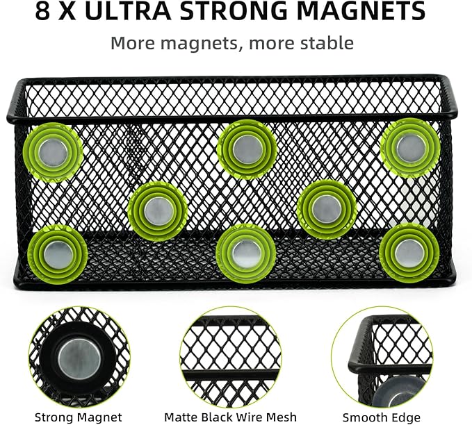 Neudeco Magnetic Locker Organizer and Accessories, Wire Mesh Magnetic Storage Basket, Magnetic Holder for Dry Erase Markers, Strong Magnet Pen Holder for Fridge School, Pack of 3, Black