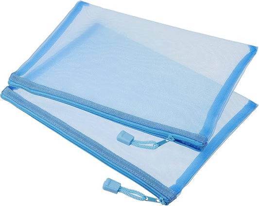 MECCANIXITY Mesh Zipper Bags, A5 Nylon Zip Pouch Pencil Case Storage Pockets for Travel Office Accessories, Sky Blue Pack of 6