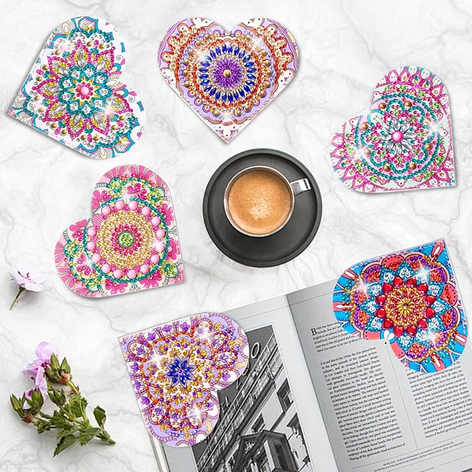 6 Pcs Diamond Painting Bookmark, DIY Corner Book Makers for Adults Book Lovers, Diamond Dot Art Beginner, Small Diamond Art Kits, Paint by Art Crafts Gift for Women Girls (Heart Mandala 6)