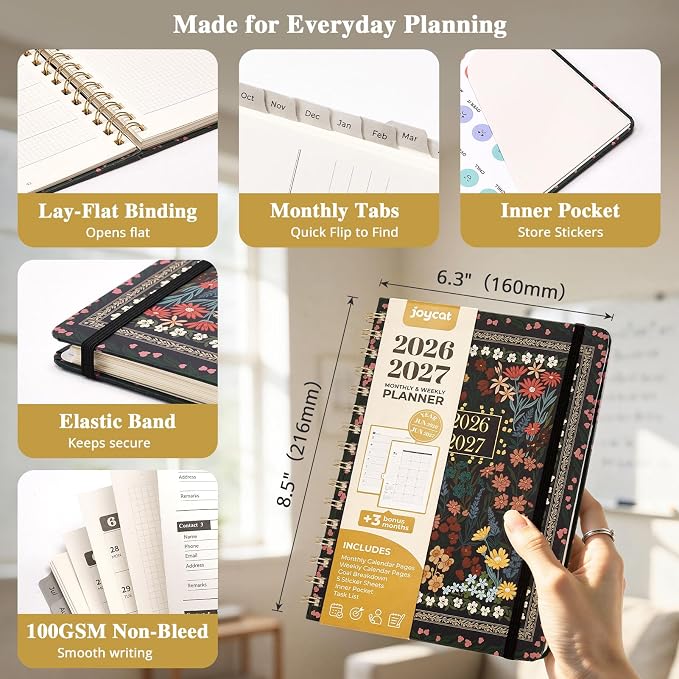 JoyCat Academic Planner 2026-2027, July 2026 - June 2027, A5 Weekly & Monthly Planner, Hardcover Agenda with Tabs, 5 Sticker Sheets, Elastic Closure & Pocket for Teachers & Students, 6.3" x 8.5", Midnight Garden