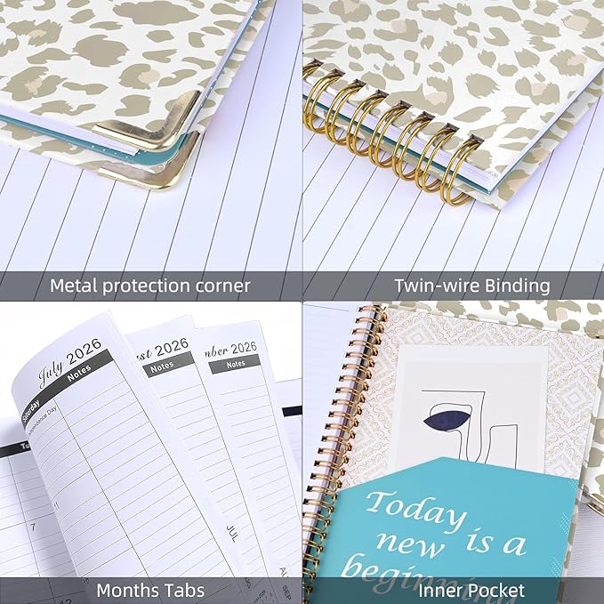 2026 Planner, Jan.2026 - Dec.2026 Planner Weekly and Monthly 6.25"x8.5" with with Page Tabs, Calendar Hardcover with Inner Pocket, Elastic Band, Twin-Wire Binding, Bookmark, Gray Pink Leopard