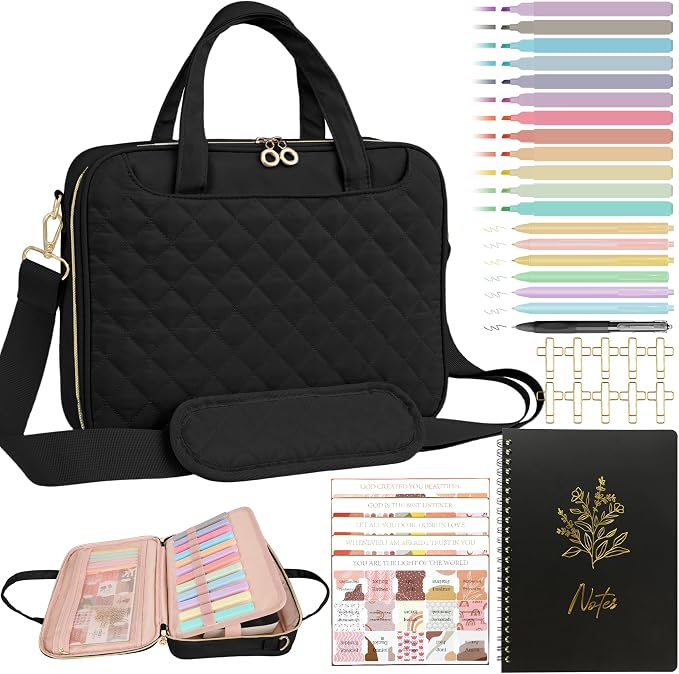 PUGPIU Bible Cover Case for Women, Large Quilted Bible Bag with Shoulder Strap and Handle, Bible Study Supplies Journaling Kit with Highlighters Pens No Bleed Tabs Notebook Cross Clips, Black