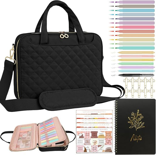 PUGPIU Bible Cover Case for Women, Large Quilted Bible Bag with Shoulder Strap and Handle, Bible Study Supplies Journaling Kit with Highlighters Pens No Bleed Tabs Notebook Cross Clips, Black