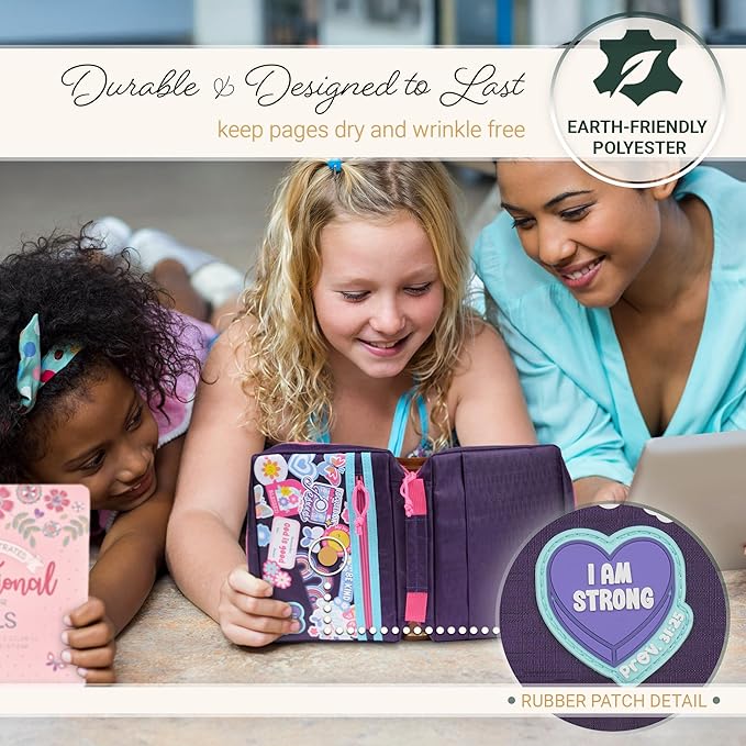 Christian Art Gifts Sturdy Polyester Fashion Bible Cover for Girls: I Am Strong Inspirational Scripture, Multicolor Stickered Design, Secure Zipper Pocket, Flowers & Rainbows, Purple & Pink, Small