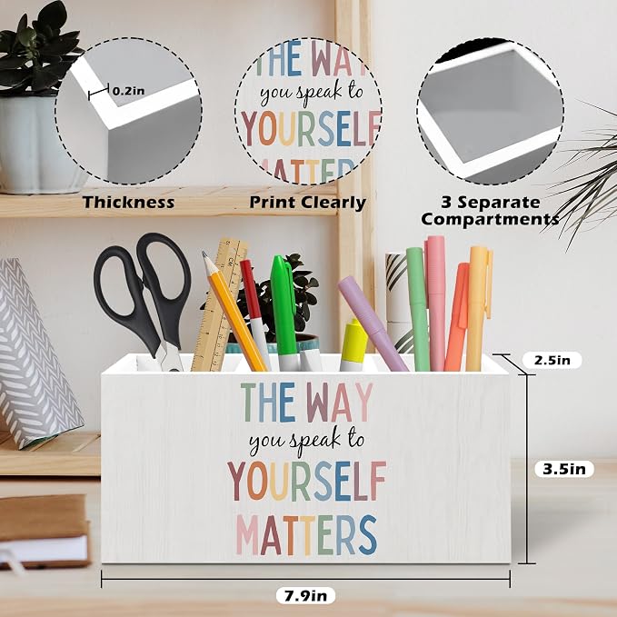 Boho Mental Health Pen Holder, Therapist Office Pen Pencil Holder Organizer for Desk Accessories, Motivational Wooden Box Desk Decor for Classroom Therapy Counselor Office Desk Decorations