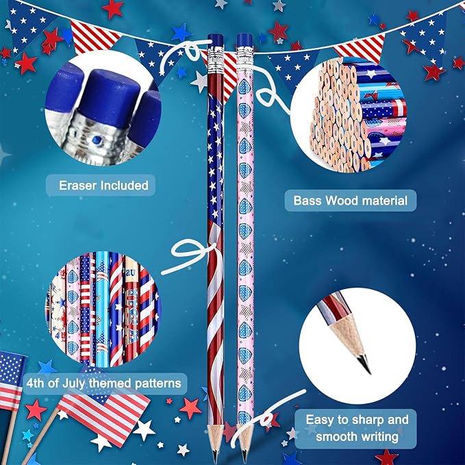 American Flag Themed Wood Pencils with Eraser, 48pcs Patriotic Pencils in 12 Designs, USA Flag Gifts Pencil for 4th of July USA Independence Day Parades Party Favors School Office Supplies