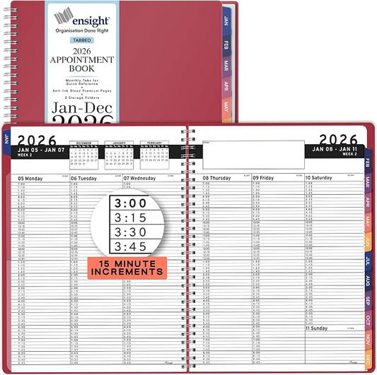 Ensight 2026 Appointment Book and Planner 8.5" x 11" Large Hourly Weekly Daily Schedule Book with Tabs, 15 Minute Time Slots, Maroon Calendar Organizer Jan 2026–Dec 2026 Appointment Planner - Maroon