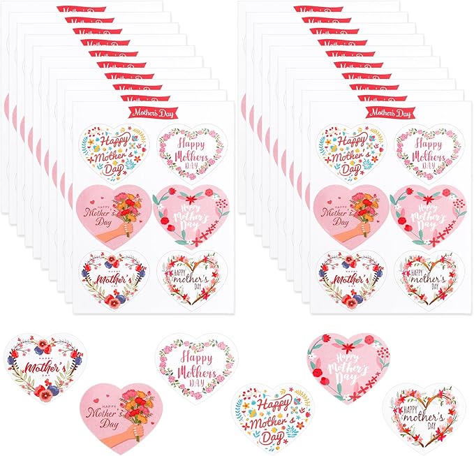 Mothers Day Stickers, 120PCS Happy Mothers Day Stickers, 2" Heart Shaped Mom Sticker Decal, Mom Gifts, 20 Sheet Self-Adhesive Mothers Day Crafted Mother's Day Labels Sticker for Envelope Seal Card Box