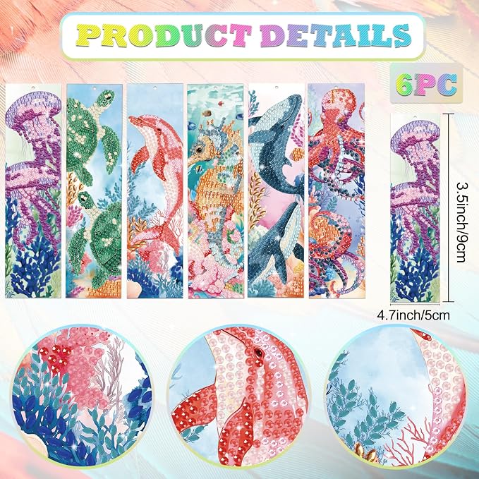 6Pcs Marine Animals 5D Diamond Art Bookmarks Turtle Dolphin Whale Diamond DIY Painting Bookmarks Rhinestones Beaded Acrylic Tassel Bookmark for Adult Beginner Crafts