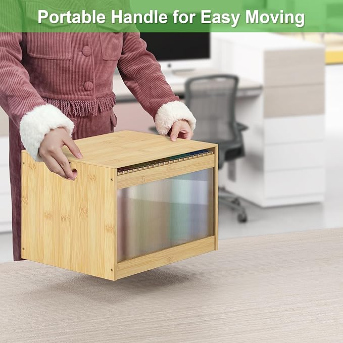 Hanging File Box Organizer for Letter Size 2 Pack, Bamboo Acrylic File Folder Storage with Lid Clear Wooden Moving Boxes Wood with Handle Desktop Filing Holder for Office Banker Document Nature
