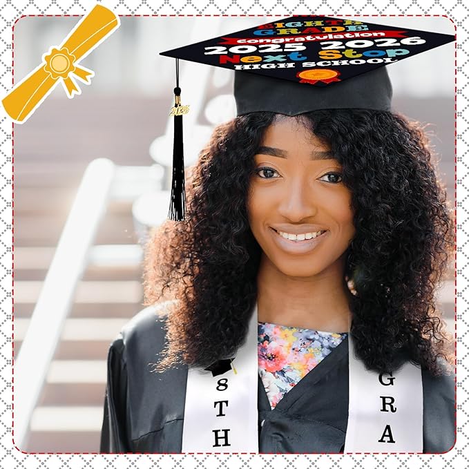 JaGely 3 Pcs 8th Grade Graduation Set Class of 2026 Graduation Cap and Stole Sash with Diploma Certificates Set for Middle School Students Supplies Teachers Parents Gifts