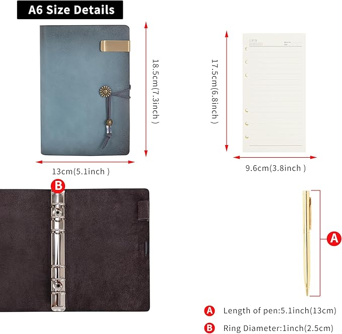 Wonderpool Leather Journal Lined Paper Notebook & Pen - Refillable 6 Ring Binder Writing Spiral Diary with Ruled Notepads Vintage Cover for Office Travel Work and Plan Agenda (A6, a-Cyan)