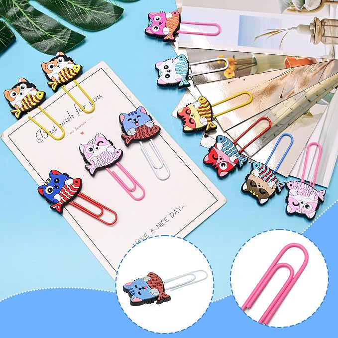 Cute Paper Clips,20Pcs Cute Pet Cat Bookmark Paperclips Bulk Metal Fun Kitten Eats Fish Planner Clip Charms Clamp Desk Accessories Stationery Colorful Office Supplies Student Teacher Party gifts Decor