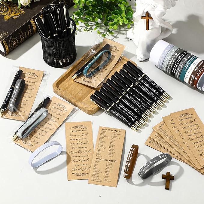 Gueevin 40 Sets Christian Gifts Bulk for Father Religious Faith Bookmarks Bible Verse Gel Pen Bible Scripture Silicone Bracelet for Men Women Church Basket Stuffers(Black,Classic)