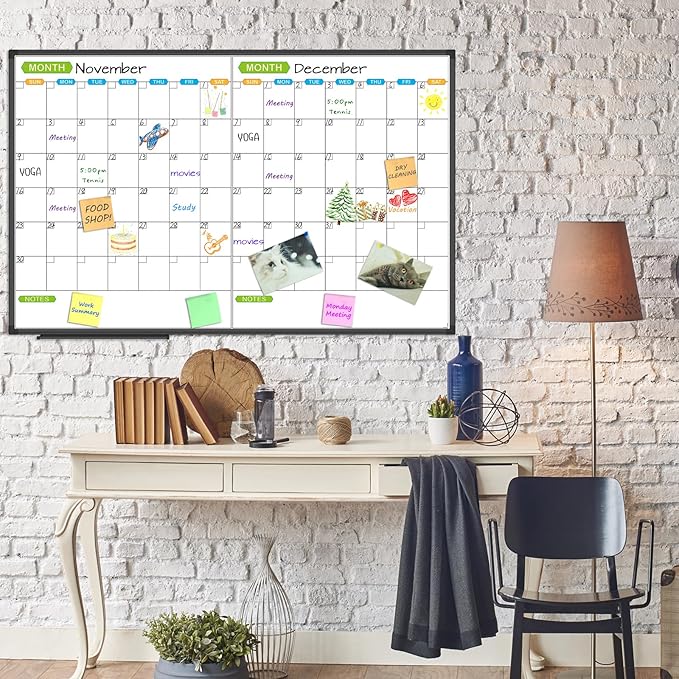 JILoffice Magnetic Dry Erase Calendar Whiteboard, 2 Month White Board Planner 48 X 31 Inch, Black Aluminum Frame Wall Mounted Board for Office Home and School