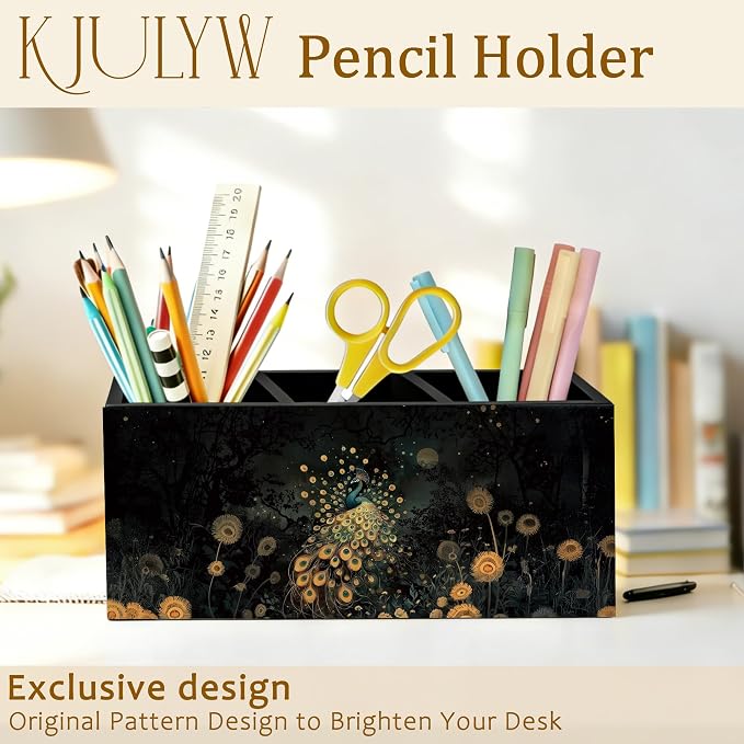 Peacock Pen Holder for Desk, Peacock Gifts for Women, Dark Academia Moody Floral Peacocks Wooden Box Pencil Pen Holder Organizer for Home Office Desk Accessories