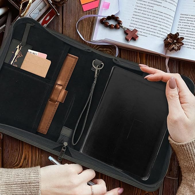 Bible Covers for Women, Leather Bible Study Case with Bookmark for Men (Black Pro)