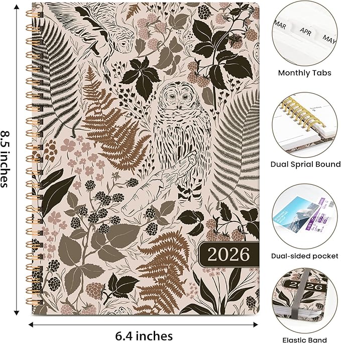2026 Planner, Weekly and Monthly Calendar Planner Book, January 2026 - December 2026, Hardcover Spiral Planner with Monthly Tabs, Notes Pages, Perfect for Women & Men, A5 (6.4" x 8.5") - Owl