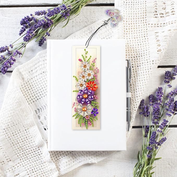 ARTopet 3Pcs DIY Diamond Art Painting Bookmarks with Colorful Butterfly Pendant PET Bookmark Ornament Double Sided Pattern Single Sided Diamond Book Marker Clip Gifts Tags-Flowers07