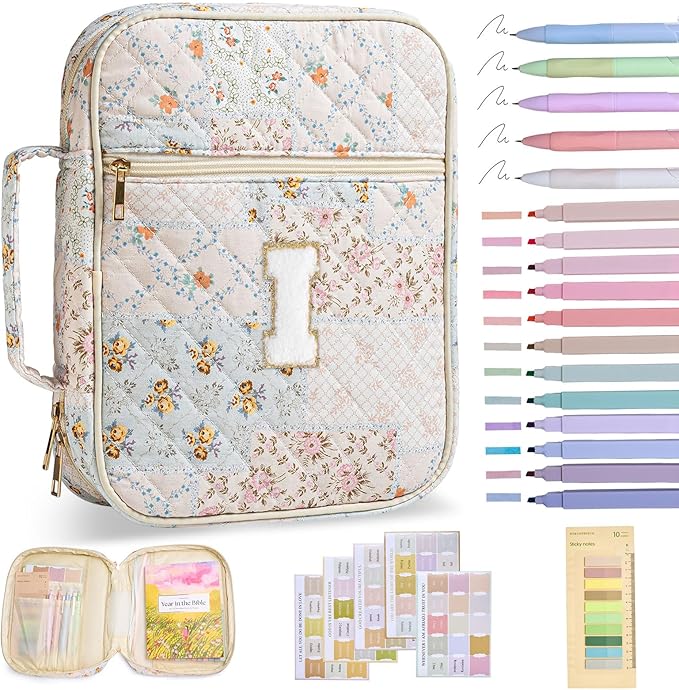 Initial Bible Cover Case for Women Girls Kid Large Bible Cover with Durable Handle Quilted Bible Carrying Case for Girls Bible Study Supplies Accessories (Spliced Flower I, one Size)
