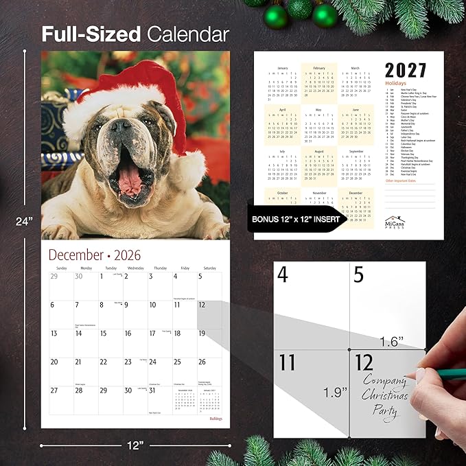 MICASA PRESS Bulldogs 2026 Wall Calendar 12 Month | 12" x 24" Open | Thick & Sturdy Paper | Giftable | Cute Puppy Dog Calendar 2026