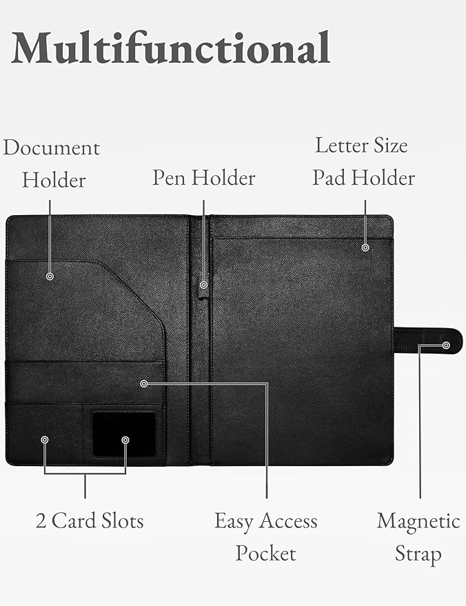 Mymazn Padfolio Portfolio Folder, Faux Leather Interview Resume Folder with Document Organizer & Business Card Holder, Letter-Sized Notepad Legal Pad Holder for Men Women (Black)