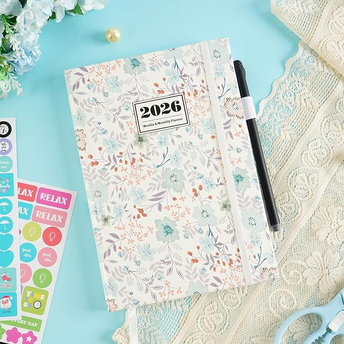 2026 Planner, 2026 Planner Weekly and Monthly with Tabs, 2026 monthly planner with Color Pen, Sticky Notes and Stickers, 6.2" x 8.5", Durable Twin Wire Binding, Storage Pocket - Flower