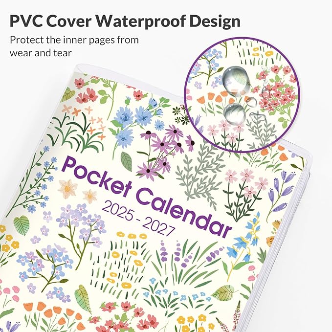 Phyxin Pocket Calendar, Pocket Planner - Runs From Jul 2025 Until Dec 2027, Small Calendar - 6.7" x 3.7", Calendar Planner for Women, Teacher, Students, Purple Flowers