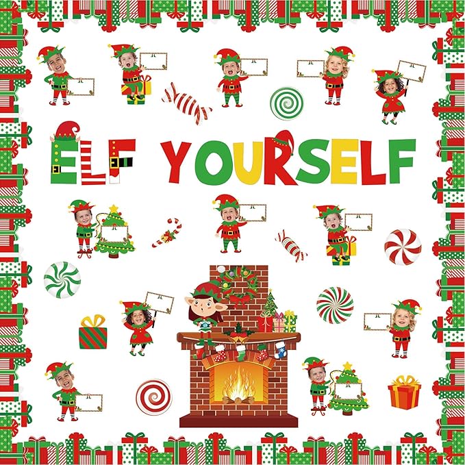 86 Pcs Christmas Bulletin Board Decorations with Gift Boxes Borders Xmas Elf Fireplace Candy Cutouts Christmas DIY Photo Sign for Classroom Decoration School Home Holiday Party
