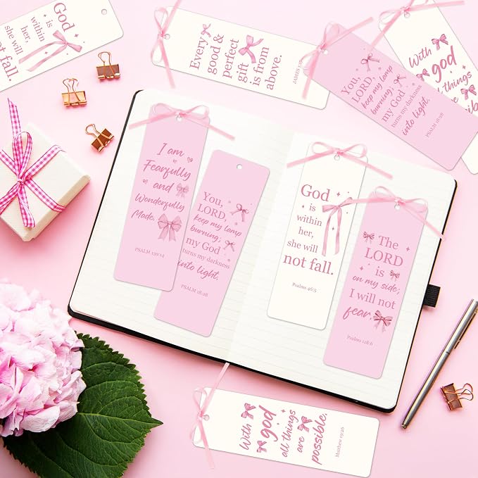 TICIAGA Religious Pink Bow Bookmark - 12PCS Christian Pink Bow Paper Bookmark with Ribbon for Girl Reading Lover, Funny Girl Inspirational Bible Verses Coquette Page Marker for Kids Easter Gifts