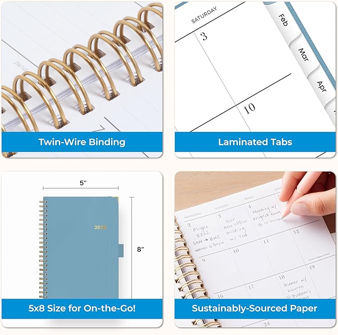 Blue Sky 2026 Weekly and Monthly Planner Calendar, January 2026 - December 2026, 5" x 8", Faux Leather Cover, Durable Twin Wire Binding, Storage Pocket, Laminated Tabs, Includes Pen Loop, Bungee, Ruler, Blue Haze