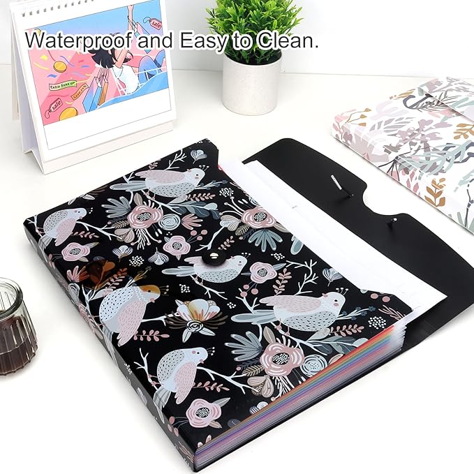 Uquelic 13-Pocket Expanding File Folder, Accordion File Holder with Elastic Buckles Closure – Holds Letter/A4 Size Documents, Floral Printed Accordion Folder, School Office Supplies(Bird Print)
