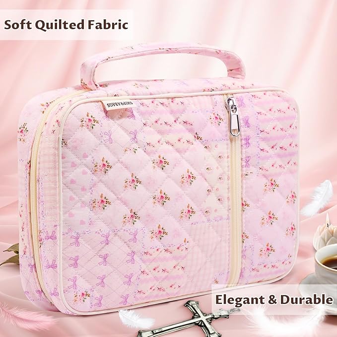 shirabags Quilted Bible Cover Case for Women - Elegant Cotton Bible Bag for Study, Church, Christian Gifts for Women (Pink pin, M)