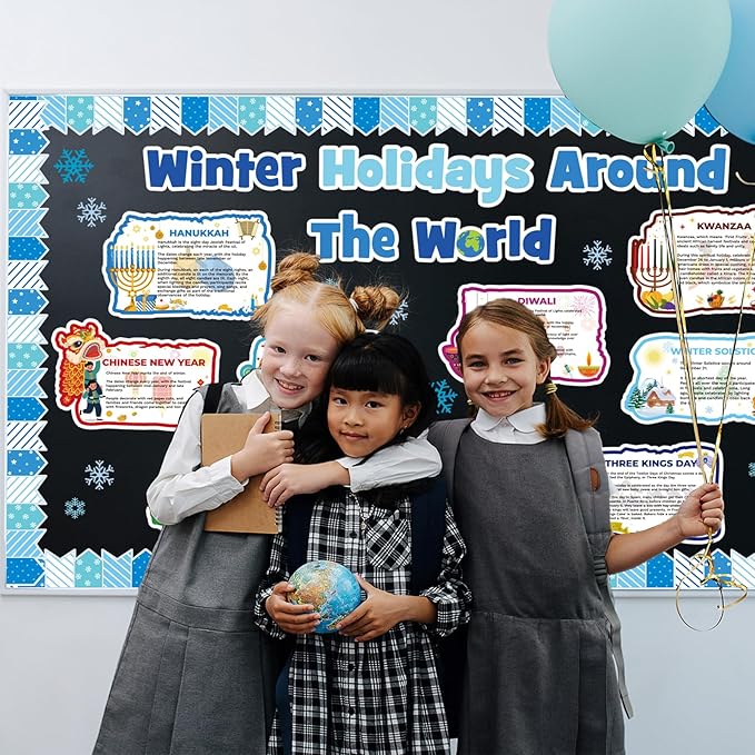 Winter Bulletin Board Decorations Set Holidays Around The World Classroom Posters Decorations with Chinese New Year Hanukkah Diwali Christmas Winter Solstice Cutouts School Classroom Door Decor