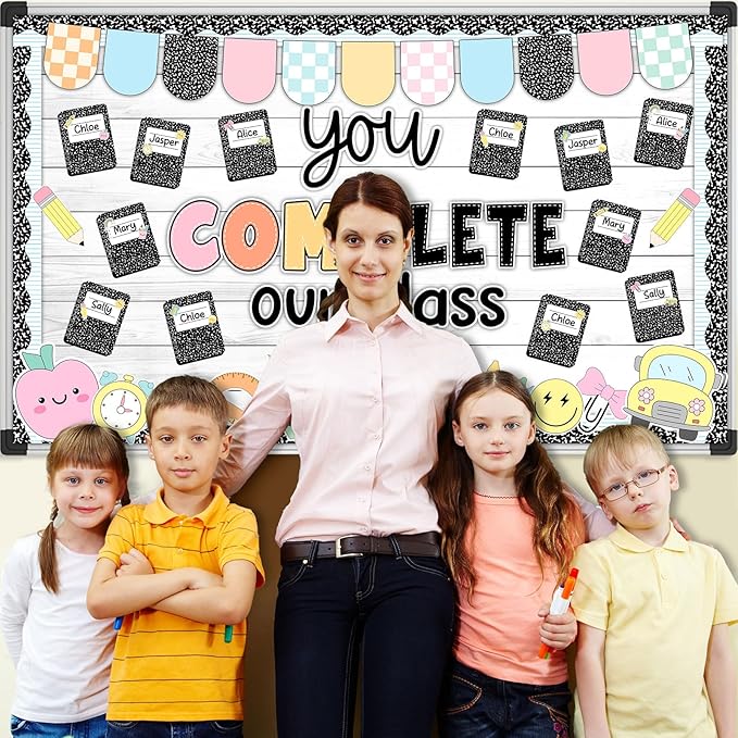 Composition Notebook Bulletin Board Decoration Set Welcome Classroom Decoration You Complete Our Class Bulletin Board Pastel Notebook Pencil Cutouts for School Classroom Chalkboard Wall Decor Supplies