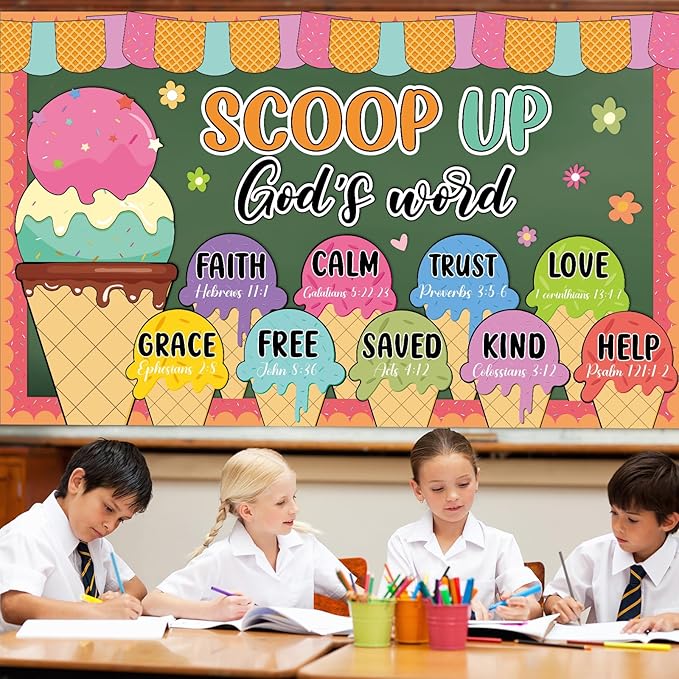 Summer Religious Bulletin Board Set Christian Bible Verse Classroom Decoration Summer Ice Cream Bulletin Board Inspirational Jesus Paper Cutouts for Sunday School VBS Church Home Chalkboard Wall Decor