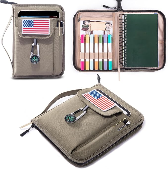 Handbook Book Cover Compatible with BoyScoouts Handbook with Amercan Flag Patch and Compass - Book Sleeve - Handbook Protector for Boys Girls