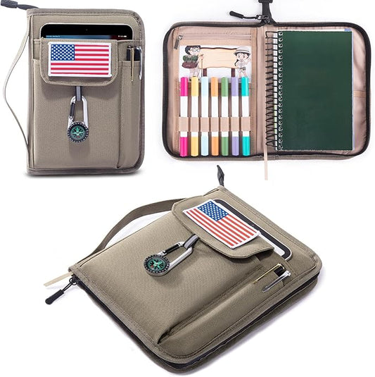 Handbook Book Cover Compatible with BoyScoouts Handbook with Amercan Flag Patch and Compass - Book Sleeve - Handbook Protector for Boys Girls