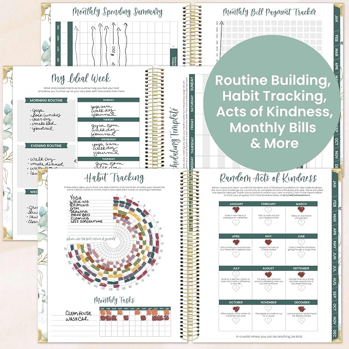 bloom daily planners 2026 Hardcover Calendar Year Goal & Vision Planner (January to December) - Monthly & Weekly Agenda Organizer - 7.5" x 9" - Eucalyptus, White