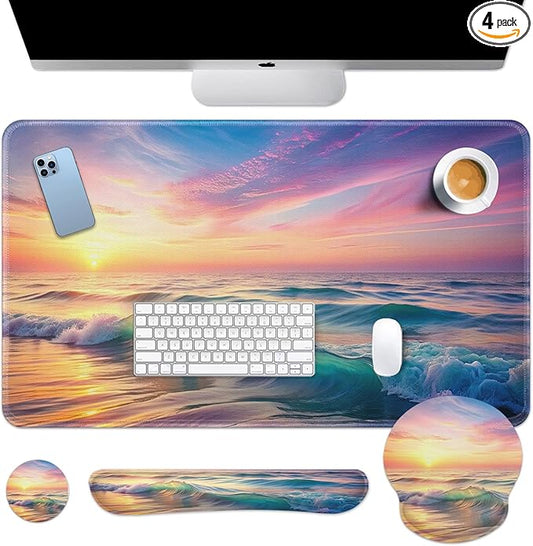 Britimes Sunset Beach Keyboard Mouse Pad Set 4in1 Large Mousepad+Keyboard Wrist Rest+Mouse Wrist Rest+Coaster Set with Ergonomic Design for Home Office Computer 35.4x15.7 inches